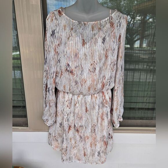 White House Black Market Long Sleeve Geo Boho Dress White Brown Sz 8 Shimmery - Picture 8 of 10